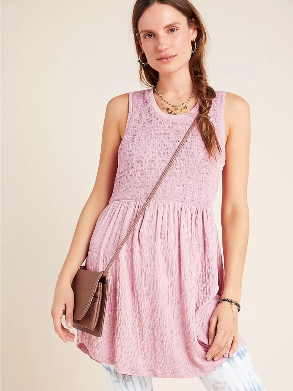Anthropologie Mauve Smocked Tunic Top Sleeveless Boho Flowy Babydoll Textured